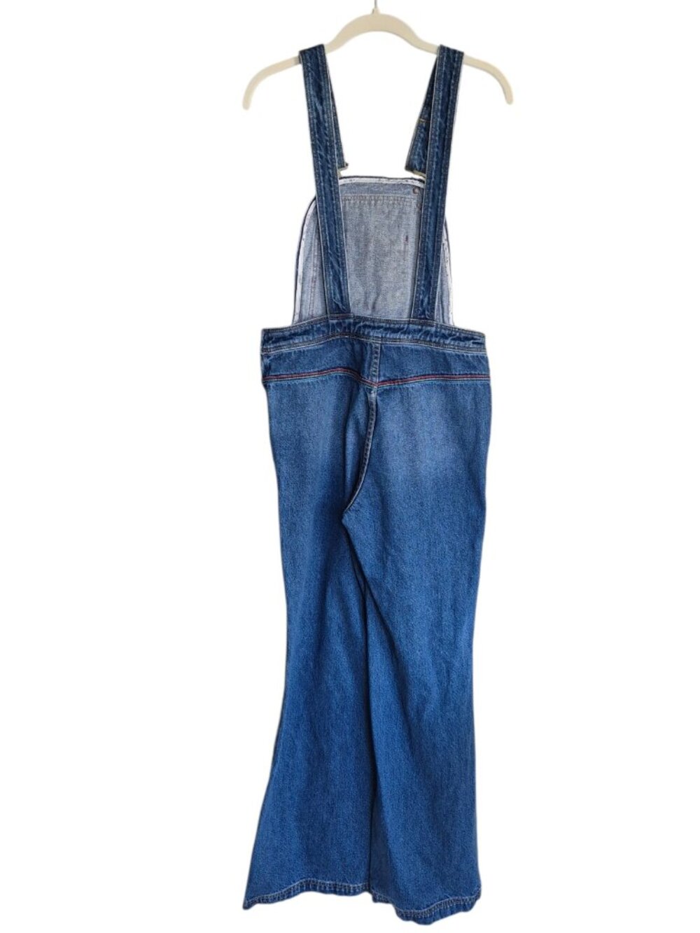 Free People Chasing Rainbows Overalls Size 6 Blue Denim Flare Rainbow Stitch Bib - Picture 5 of 16